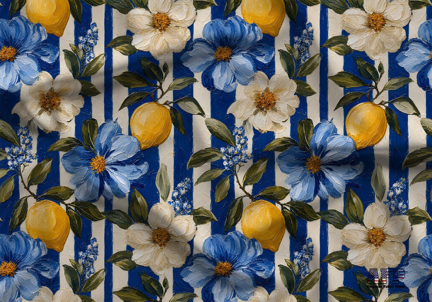 Blue Stripe Floral Lemon Oil Fabric - Shop now at American Fabric Prints