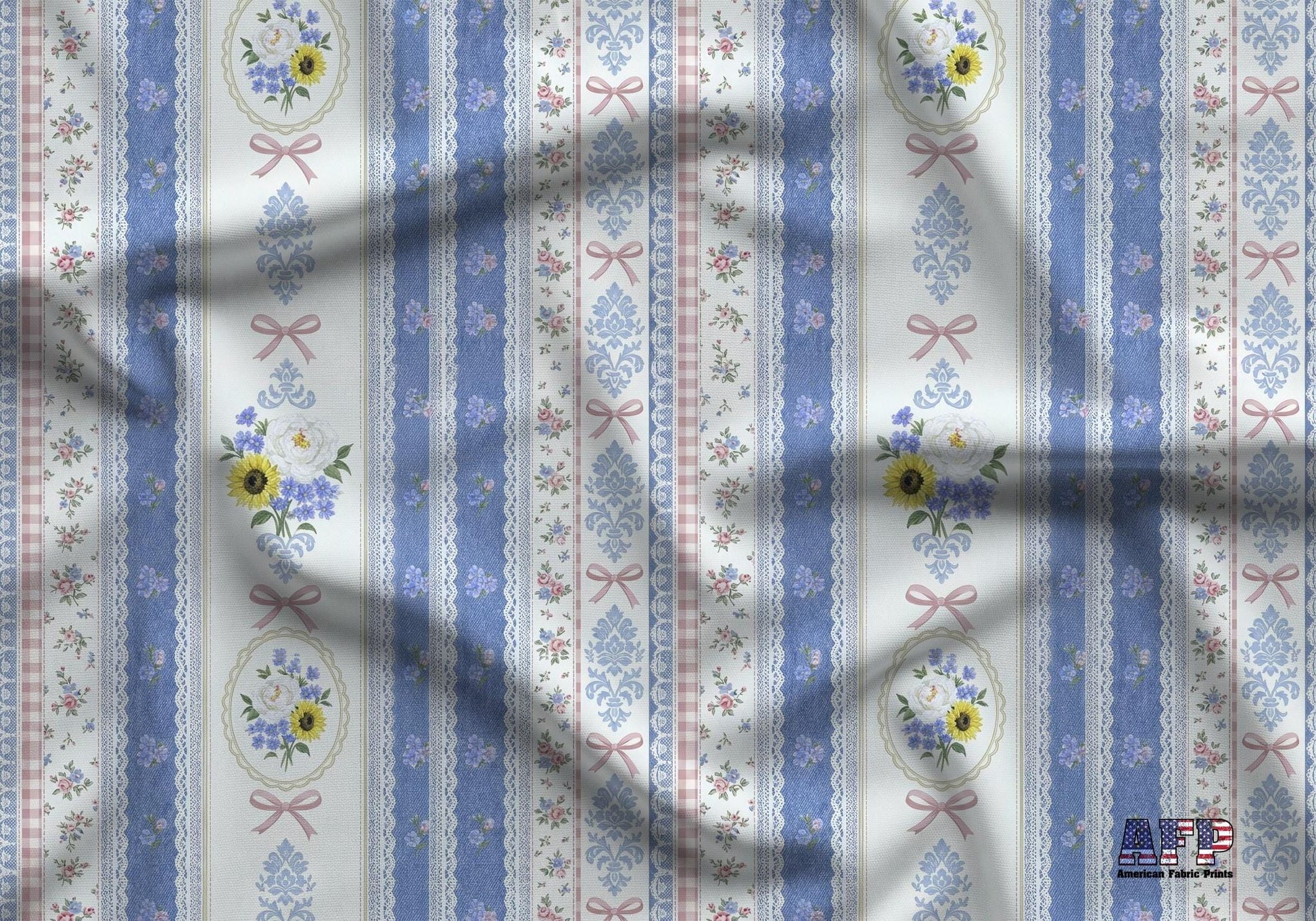 Denim Lace Retro Floral Fabric - Shop now at American Fabric Prints