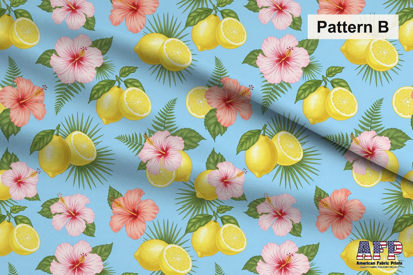 Lemons and Blue 2 Fabric Bundle - 6 Coordinating Quilting Cotton Prints - Yellow Lemons, Blue Florals, Green Leaves - by AFP