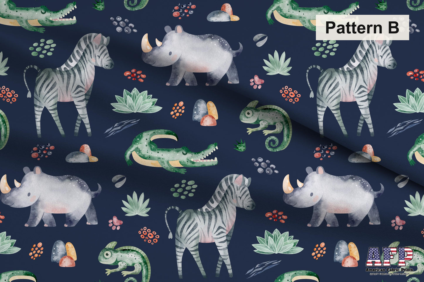 Safari Animals Navy Fabric Collection. Shop now at American Fabric Prints.