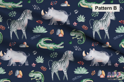 Safari Animals Navy Fabric Collection. Shop now at American Fabric Prints.