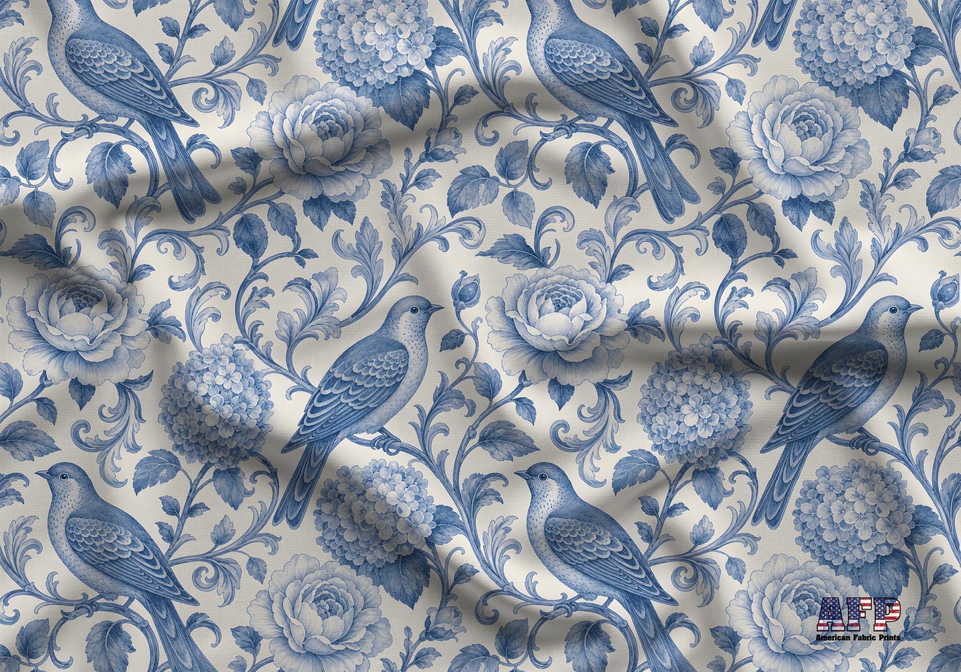 Blue Bird Toile Fabric - Shop now at American Fabric Prints