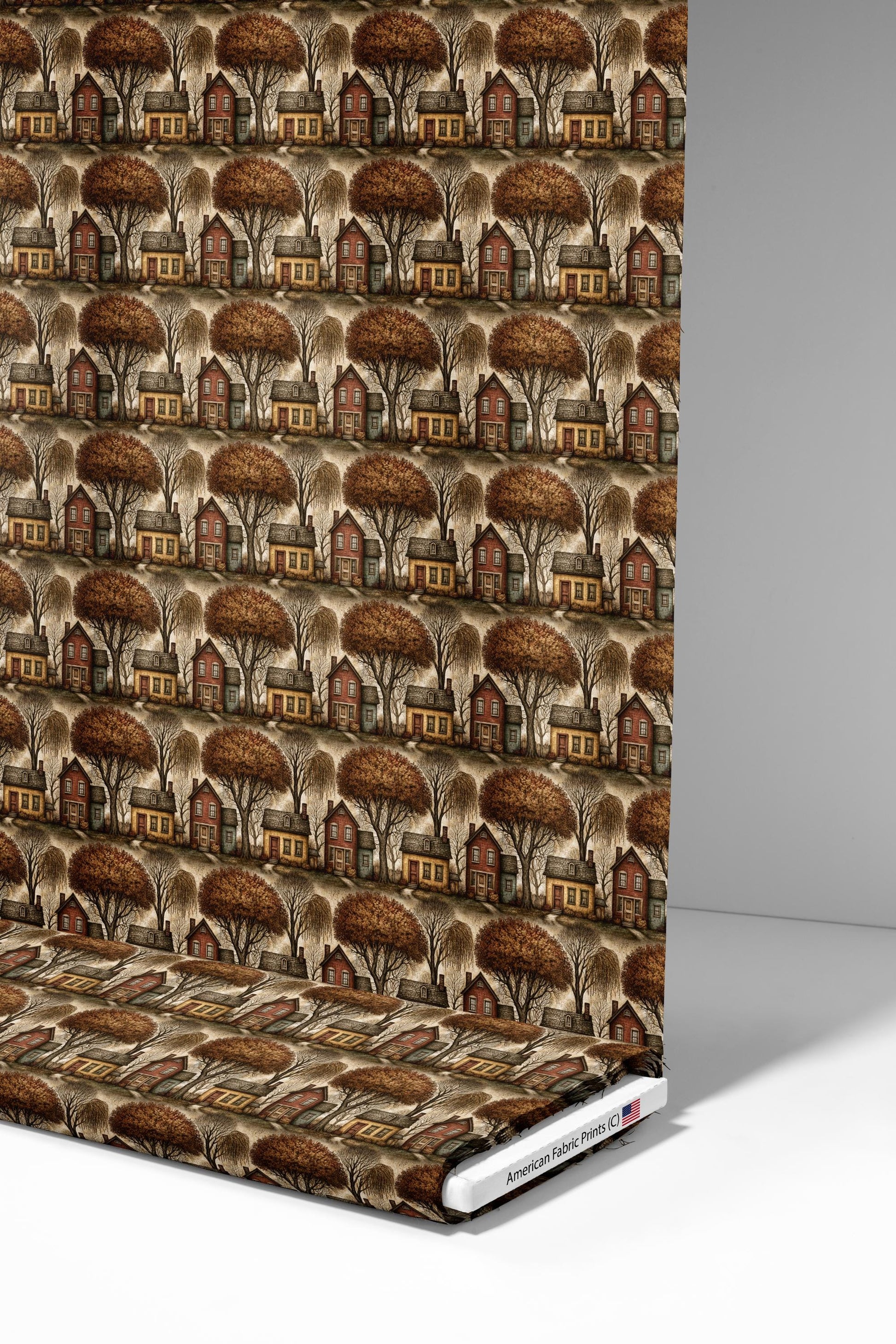 Primitive Folk Art Houses Fabric - Shop now at American Fabric Prints