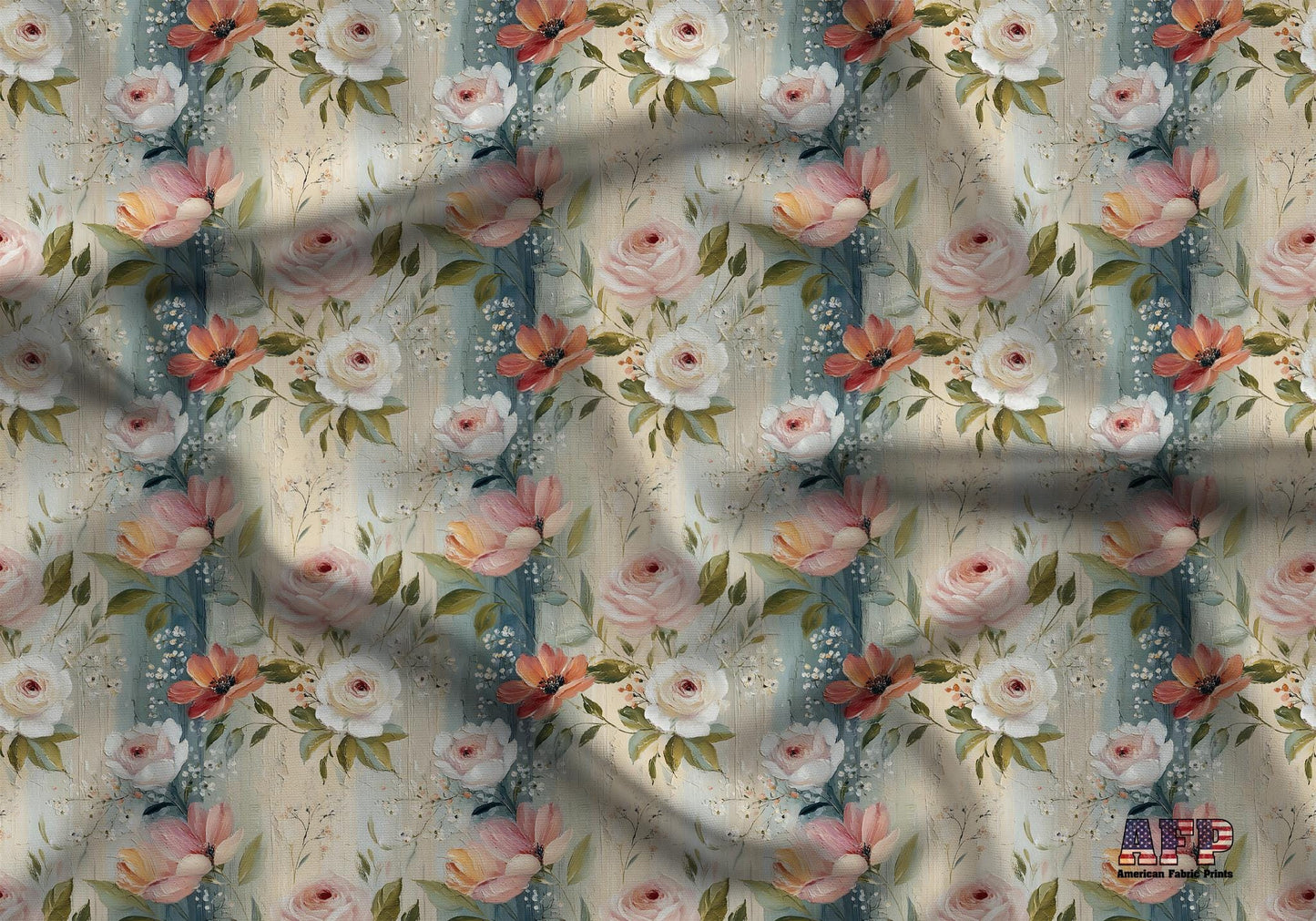 Spring Floral and Dark Blue Stripes Fabric - Shop now at American Fabric Prints