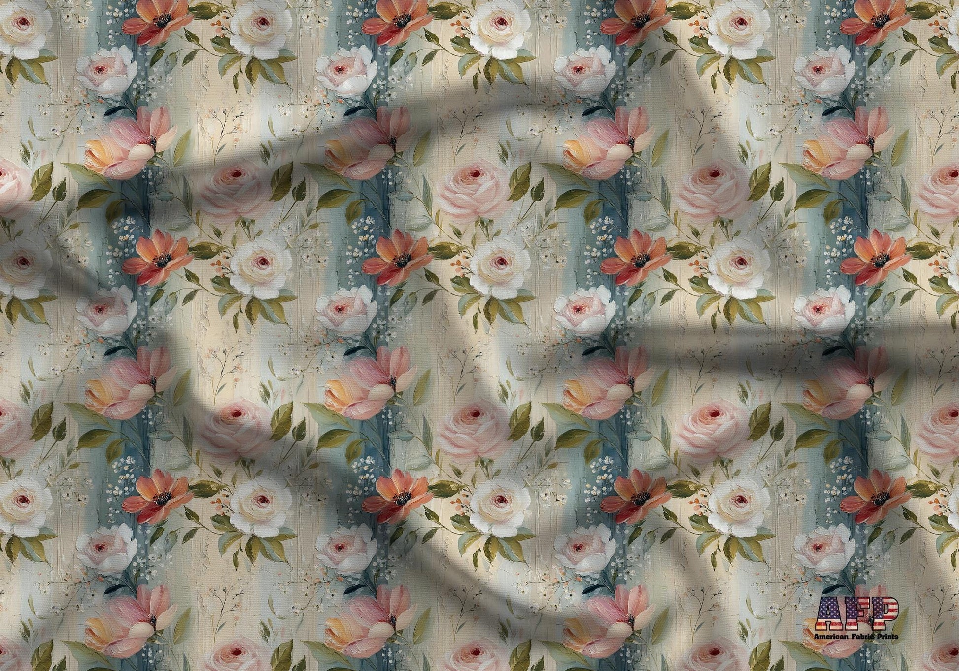 Spring Floral and Dark Blue Stripes Fabric - Shop now at American Fabric Prints