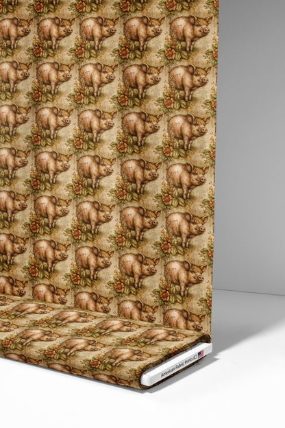 Primitive Folk Art Pig Fabric - Shop now at American Fabric Prints