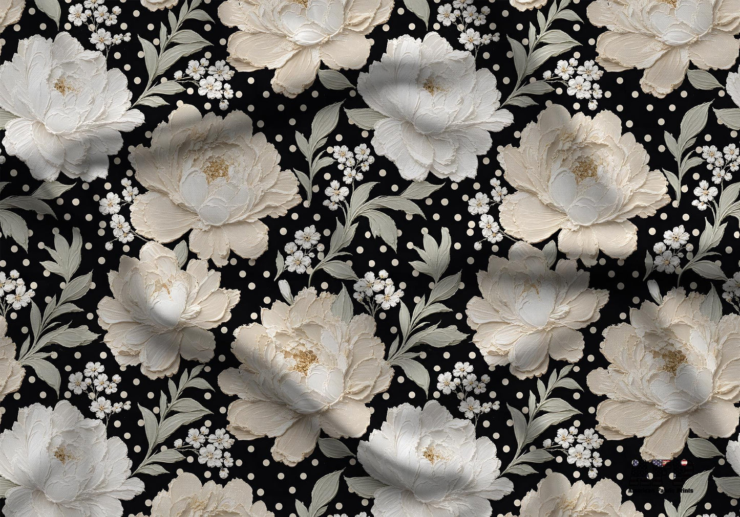 Black Peony Polka Dot Fabric - Shop now at American Fabric Prints