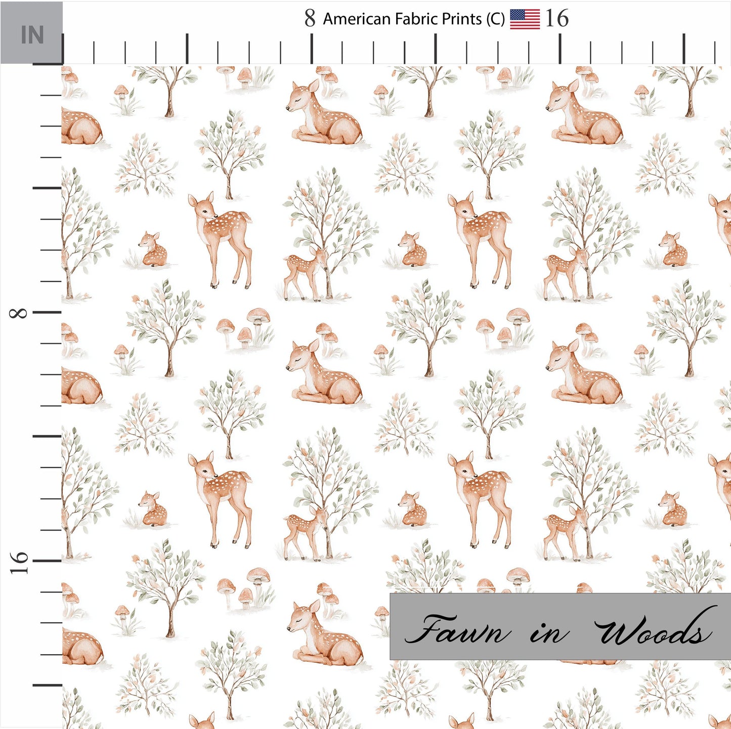 Super cute cotton fabric with Fawn in the woods pattern. Shop now at American Fabric Prints.
