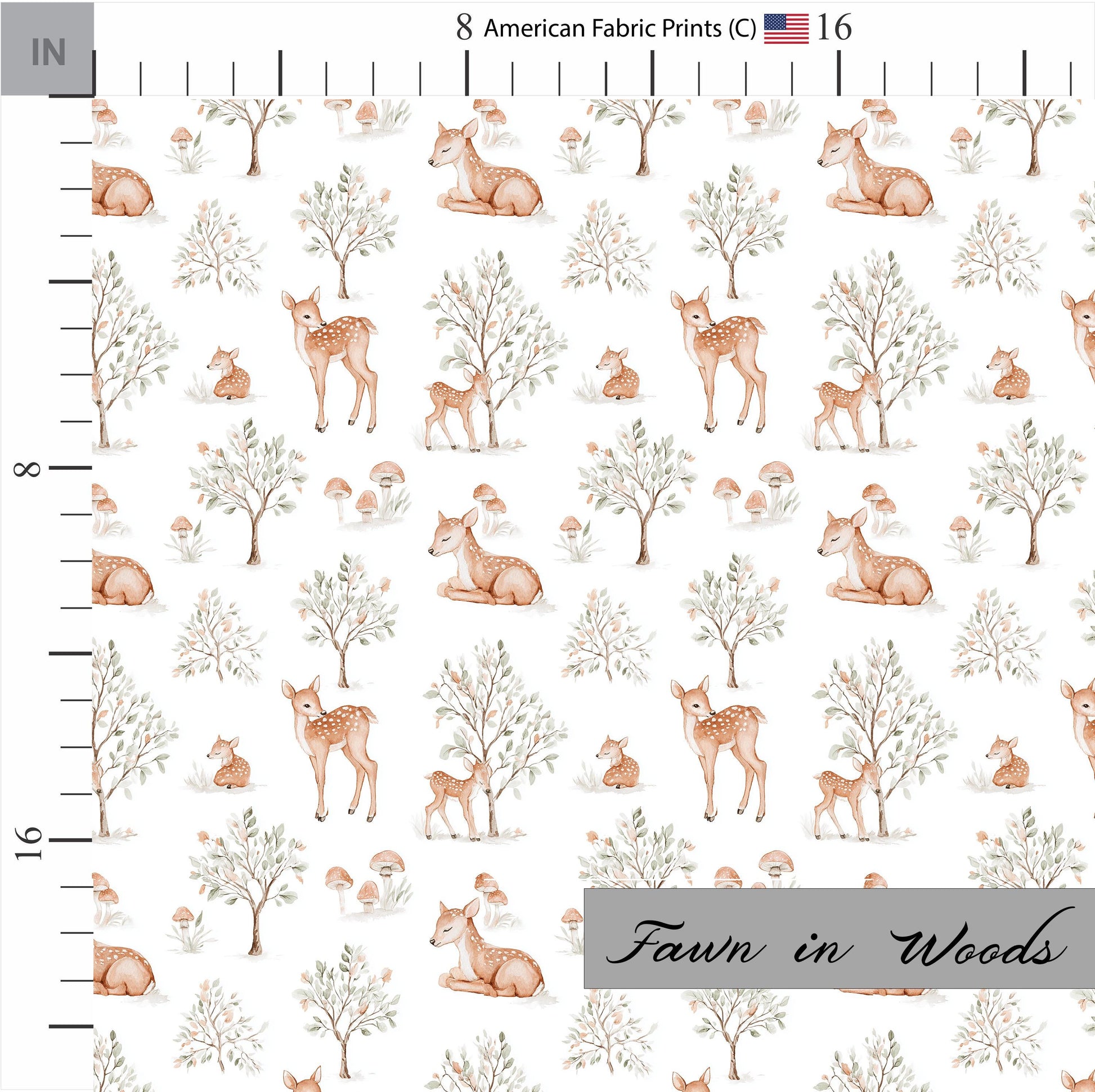 Super cute cotton fabric with Fawn in the woods pattern. Shop now at American Fabric Prints.
