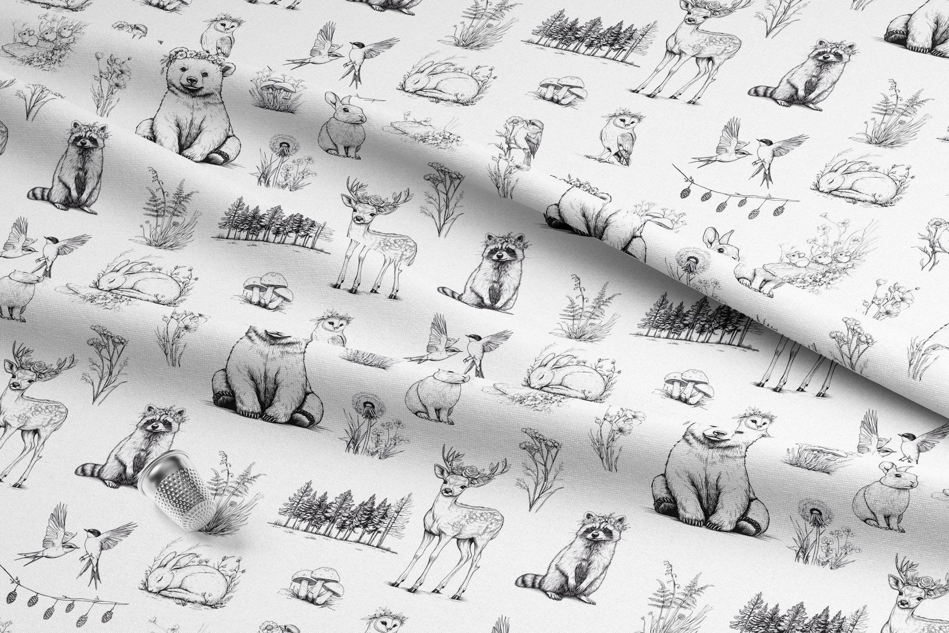 Black and White Woodland Toile Fabric. Shop now at American Fabric Prints.