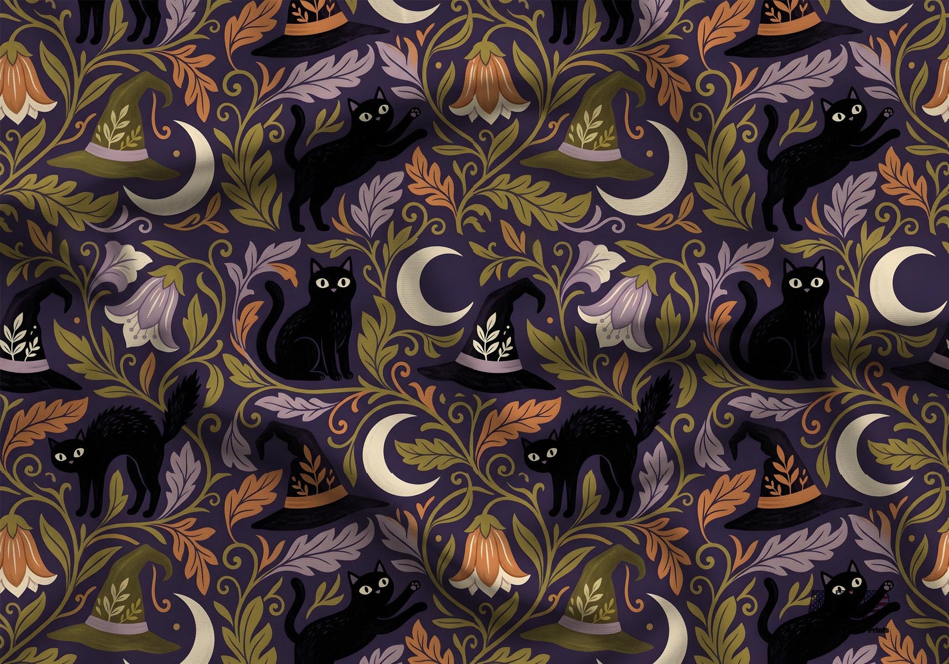 Witch Black Cat Moon Fabric - Shop now at American Fabric Prints